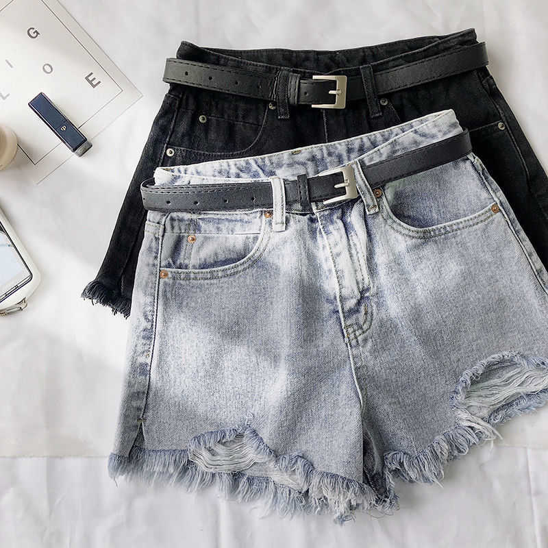 Summer Women Hole Denim Black Shorts High Waist With Belt Casual Female Solid Color Frayed Blue Jeans 210714