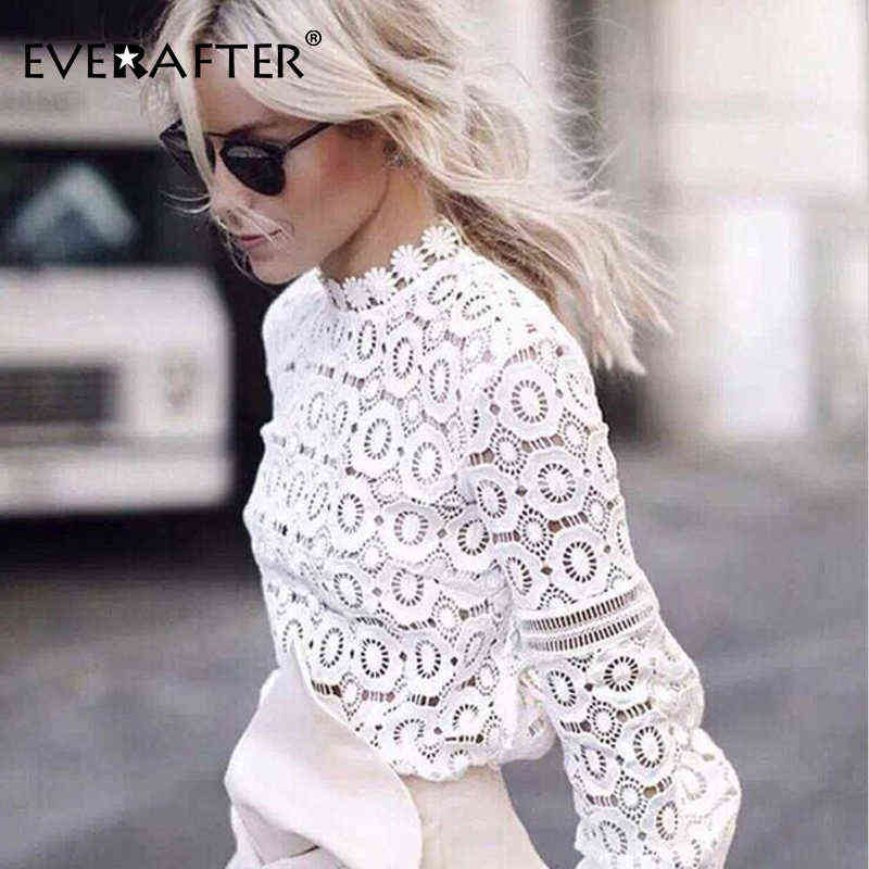EVERAFTER Elegant white lace blouse shirt women lantern sleeve sexy hollow out embroidery patchwork blouses autumn tops female S251218