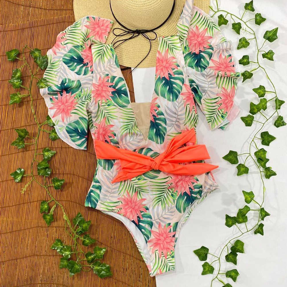 Sexy Off The Shoulder Ruffle Swimsuit Swimwear Women Deep-V Bathing Suits Beach Wear Swim Suit 210611