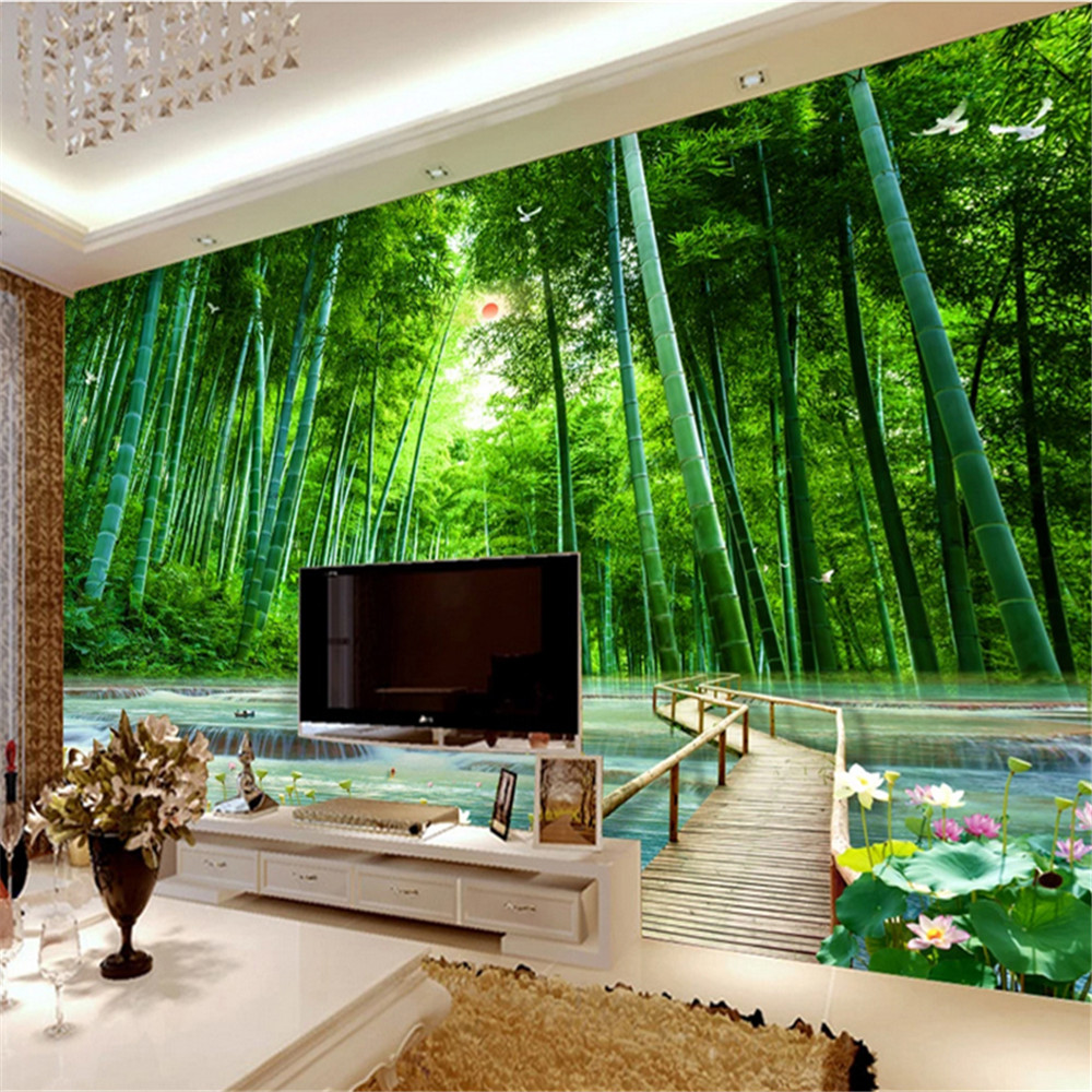 Walls Bamboo Forest 3d Wooden Bridge Green Tree Water Wallpapers Mural Home Decor