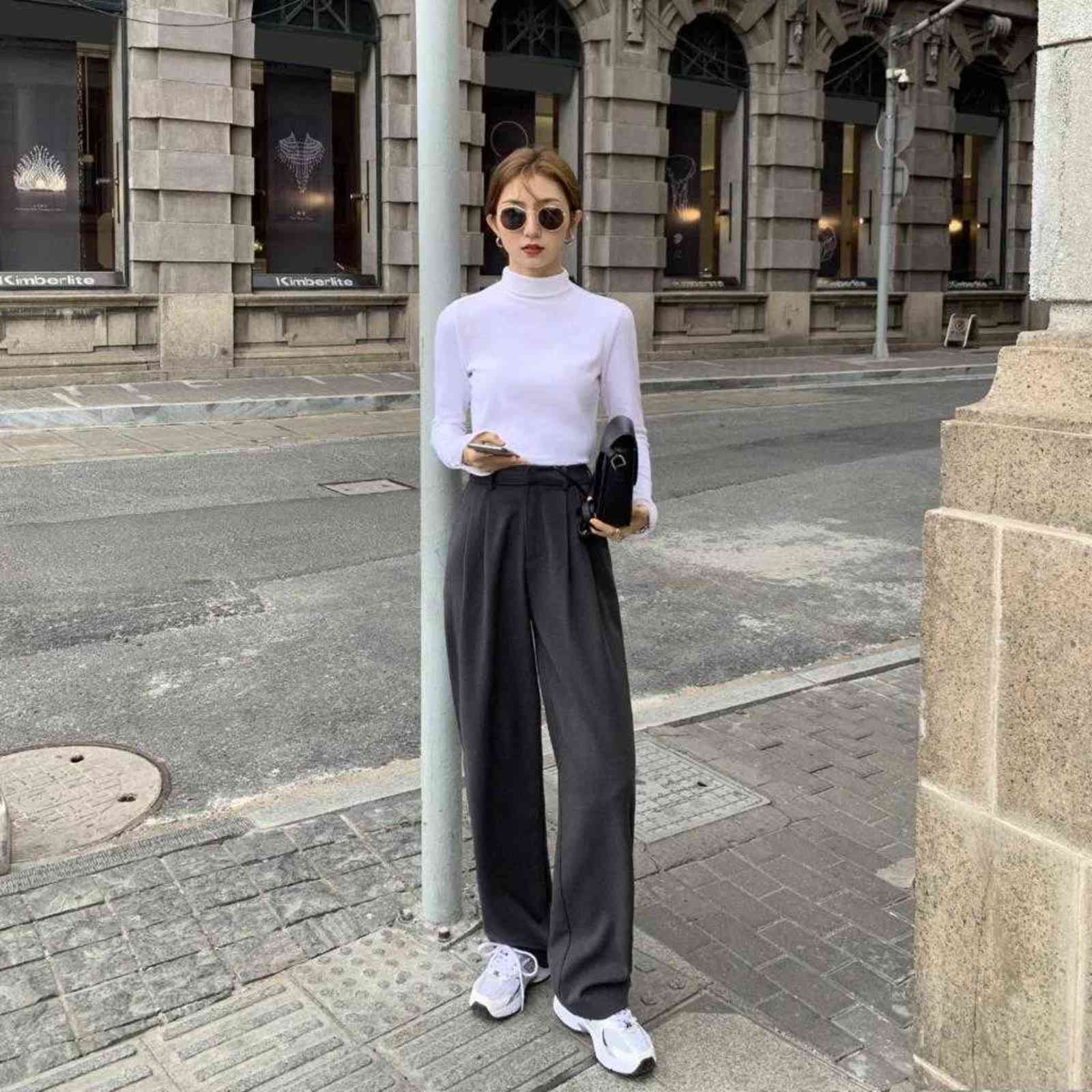 Retro Straight Wide Leg Brown Pants Vintage Female Korean High Waist Casual Long Navy Blue White Beige Trousers 211115