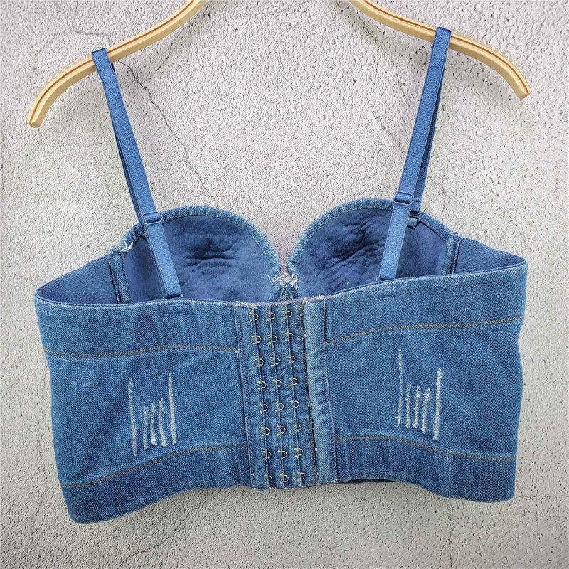 New Women Denim Caims Bustier Bra Cropped Top Sexy Vest Diamond Push Up Crop Top Tank Women Clothes Adjustable 210308