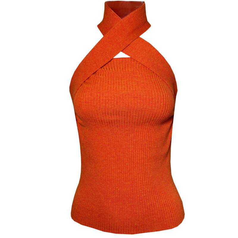 DEAT Spring Summer Arrivals Knitting Hanging Neck Off Wrapped Chest Off Shoulder Temperament Fashion Vest MZ676 210709