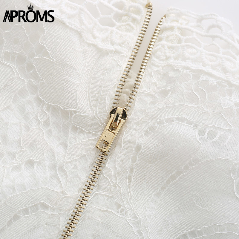 Aproms White Lace Embroidery Cropped Blouse Women Sexy High Neck Back Zipper Hollow Out Shirt Female Summer Streetwear Top 210225