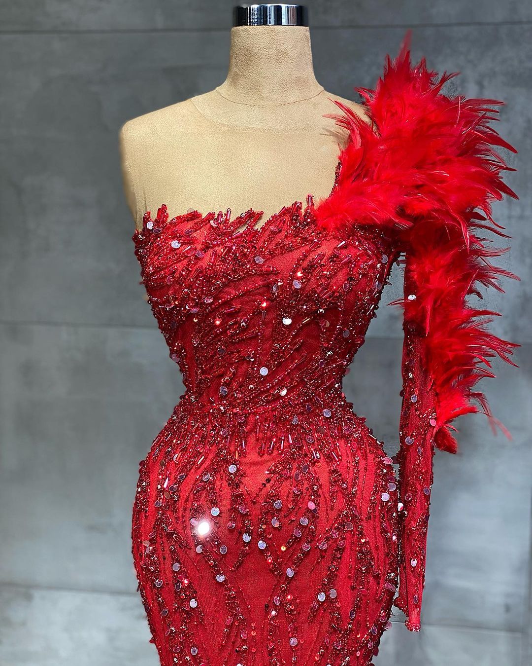 Aso Ebi 2021 Arabic Gold Luxurious Red Sexy Evening Dresses Beaded Crystals Prom Dresses Feather Formal Party Second Reception Gowns ZJ066