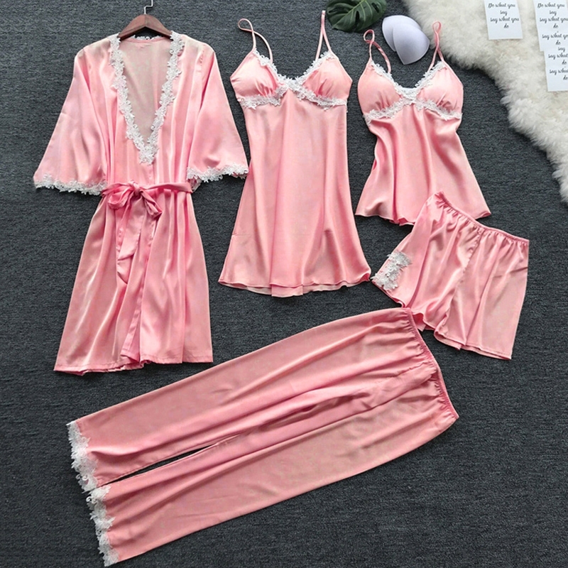 Sexy Women's Robe & Gown Sets Lace Bathrobe + Night Dress 5 Five Pieces Sleepwear Womens Sleep Set Faux Silk Robe Femme NO.337 210203