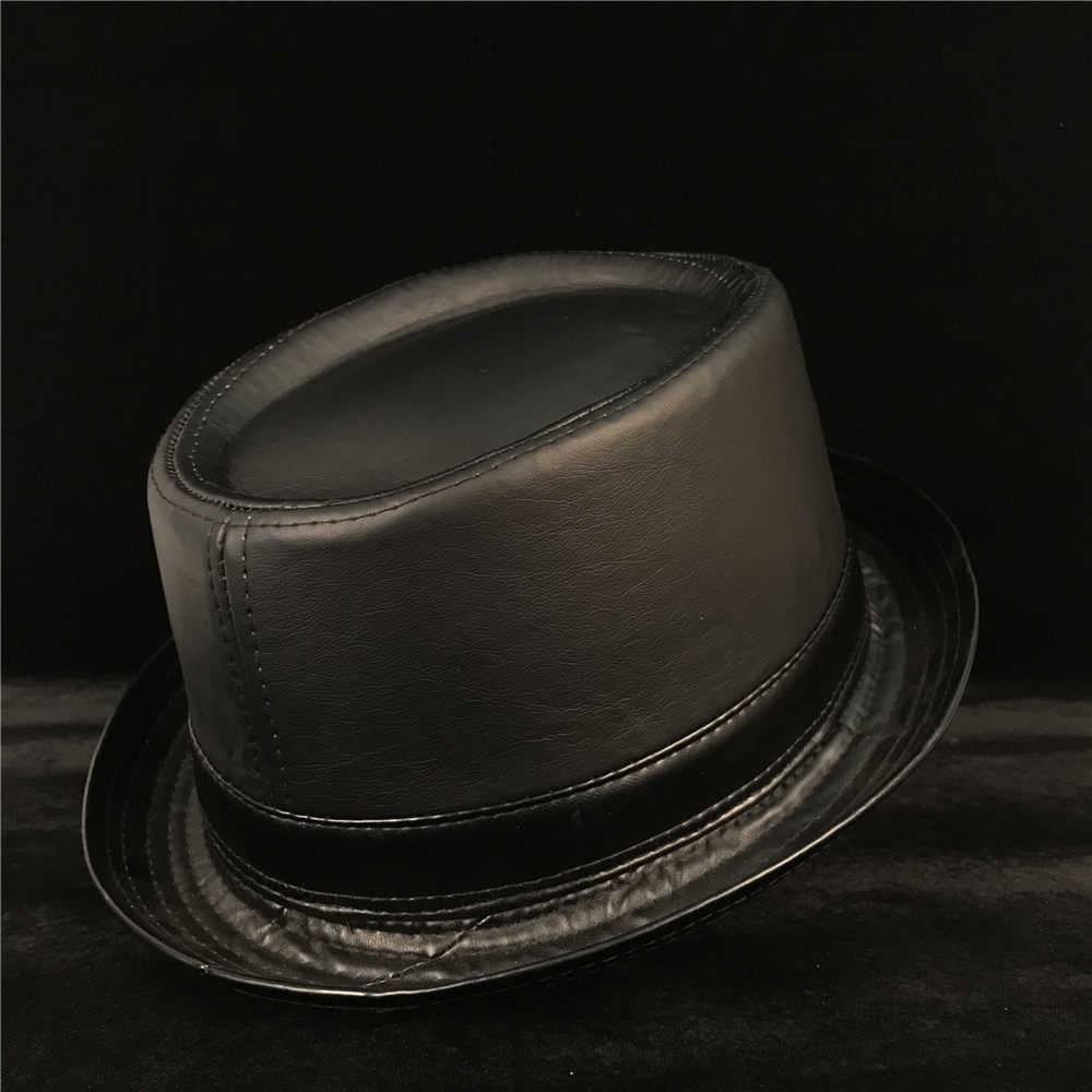 100% Leather Balck Men Pork Pie Hat for Dad Fedora Hat Fasgion Gentleman Flat Bowler Porkpie Jazz Hat Size s m l xl Q0805