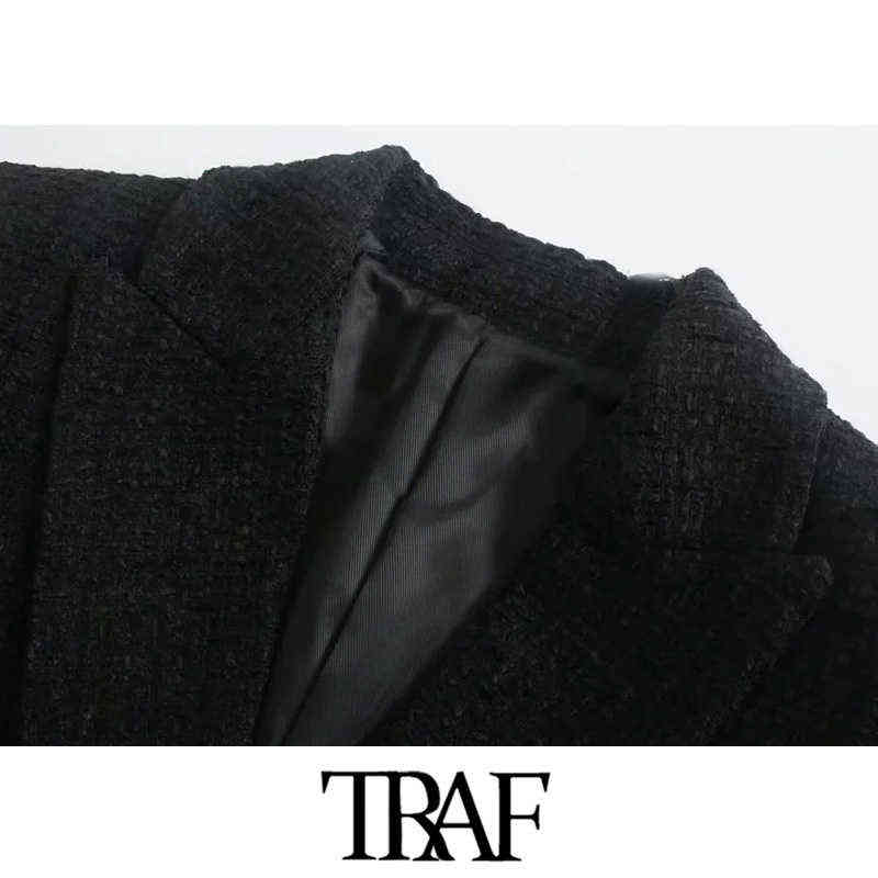 TRAF Women Fashion With Metal Button Tweed Blazer Coat Vintage Long Sleeve Flap Pockets Female Outerwear Chic Veste 211122