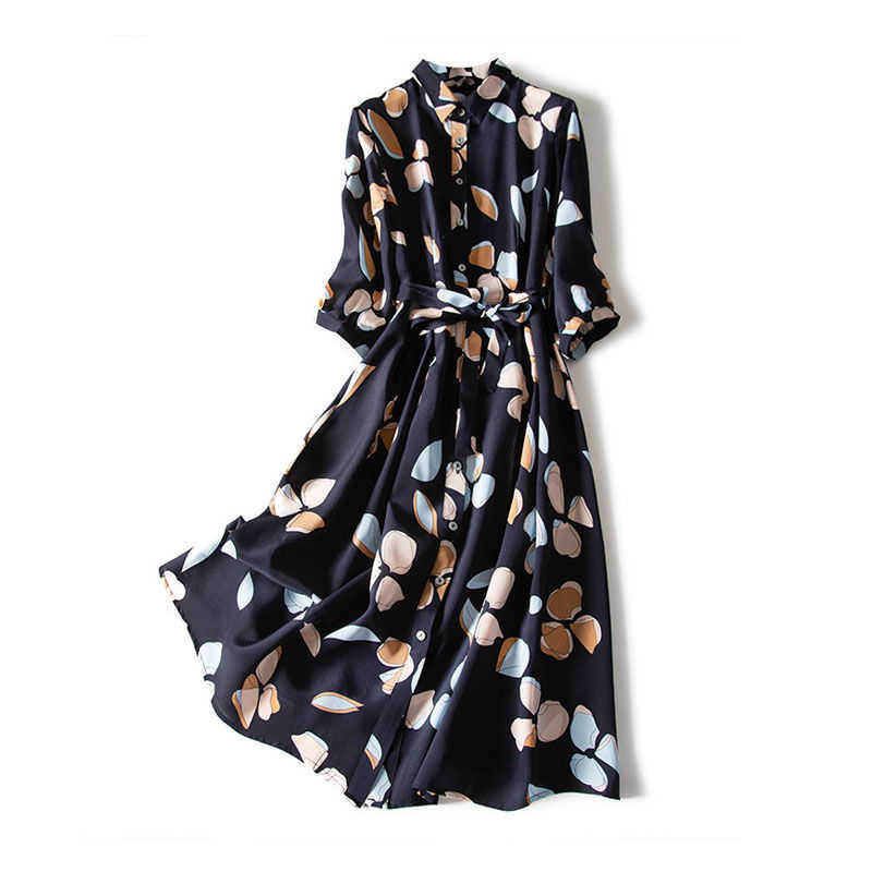 Chiffon print dres retro waist three-quarter sleeve shirt loose piece bohemian 210623