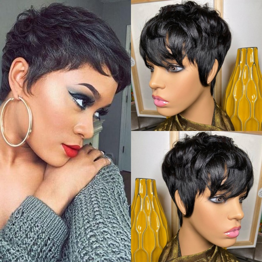 150% High Ratio Pixie Cut Wig Natural Black Color Short Human Hair Glueless Brazilian Remy Hair Wigs for women