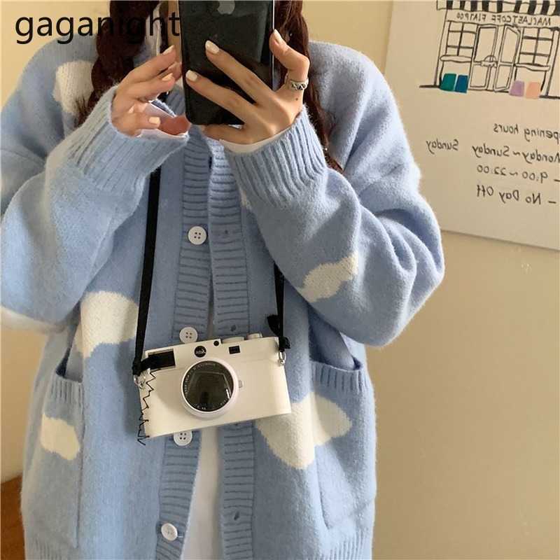 Japanese Blue Girls Knitted Sweater Cardigans Loose Tender Single Breasted Women Tops Fashion Outside Long Sleeve 210601