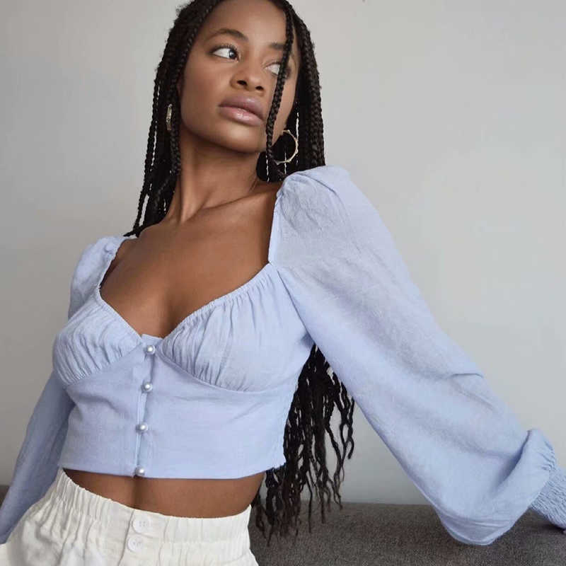 Vintage Women Sexy V Neck Blue Shirts Summer Fashion Ladies Bomb Slim Tops Casual Fmale Chic Shirt Elegant 210527