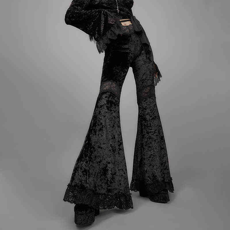 InsDoit Gothic Black Punk Pants Women Streetwear Grunge Trousers Vintage Harajuku Patchwork Lace Velvet High Waist 211115