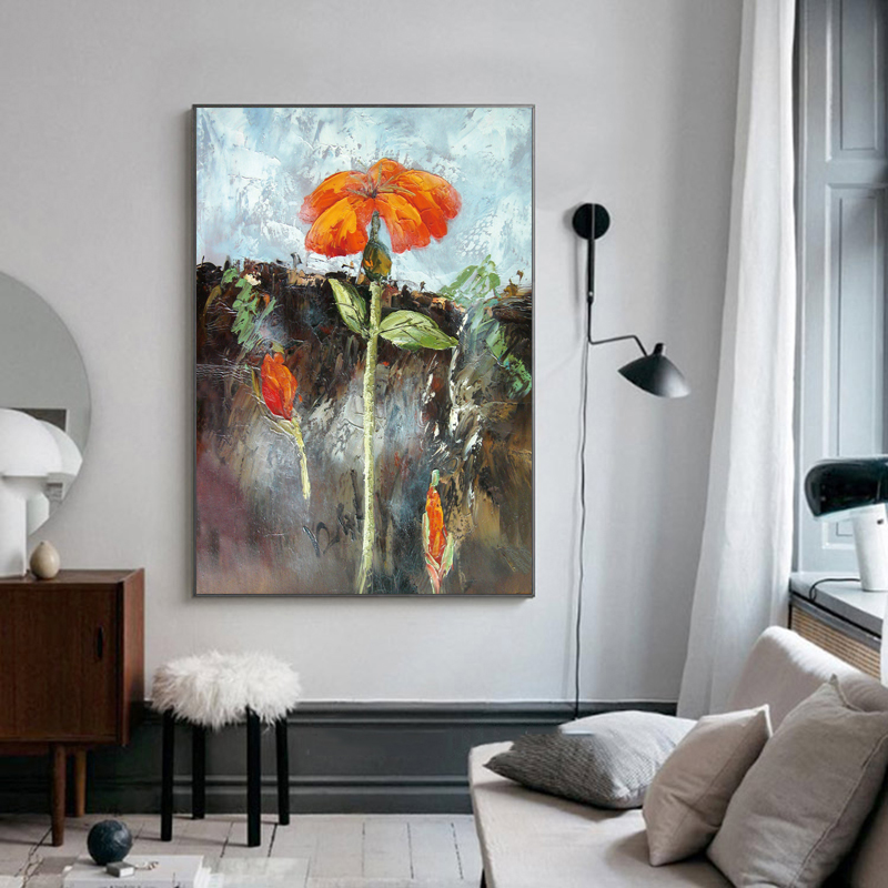 Red Flower Oil Painting Printed on Canvas Prints Landscape Wall Art Pictures for Living Room Home Decor Golden Indoor Decoration