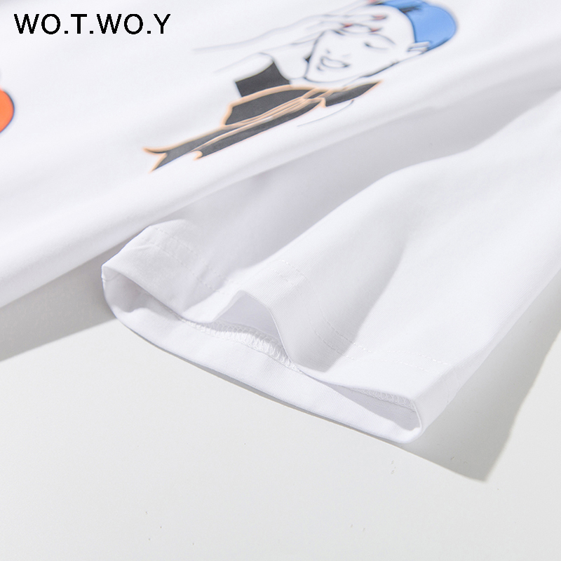 WOTWOY Summer Cute Printed T-shirt Women Knitted Cotton White Tops Tee Shirt Women Casual Short Sleeve Harajuku Tshirts Female 210306