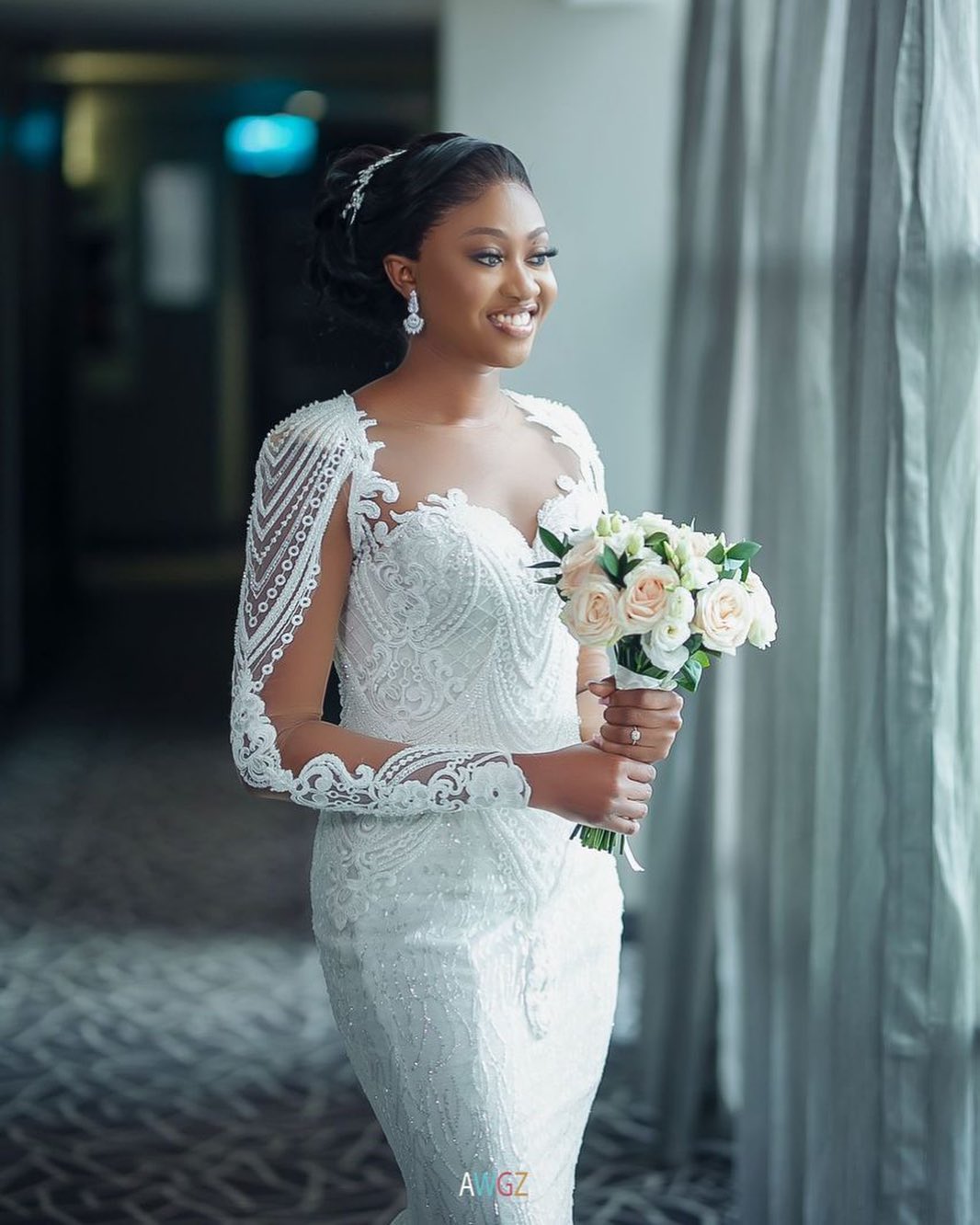 plus size arabic aso ebi mermaid luxurious lace wedding dress sheer neck long sleeves bridal gowns dresses zj511