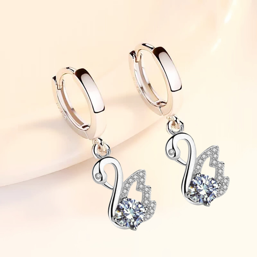Swan Hoop Earrings 925 Sterling Silver Women's Fashion Jewelry Blue White Crystal Zircon Long Tassel