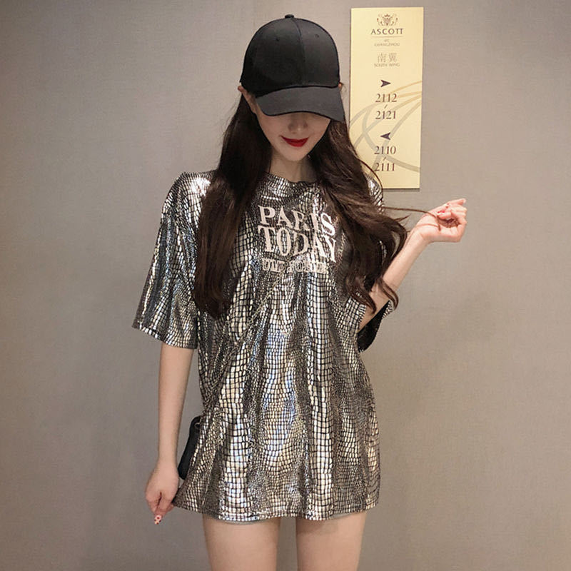 Women Sequined Top Short Sleeve Print Bling Shiny T Shirt Lady sparkling T Shirt Plus Size Summer Casual Shirts T200614