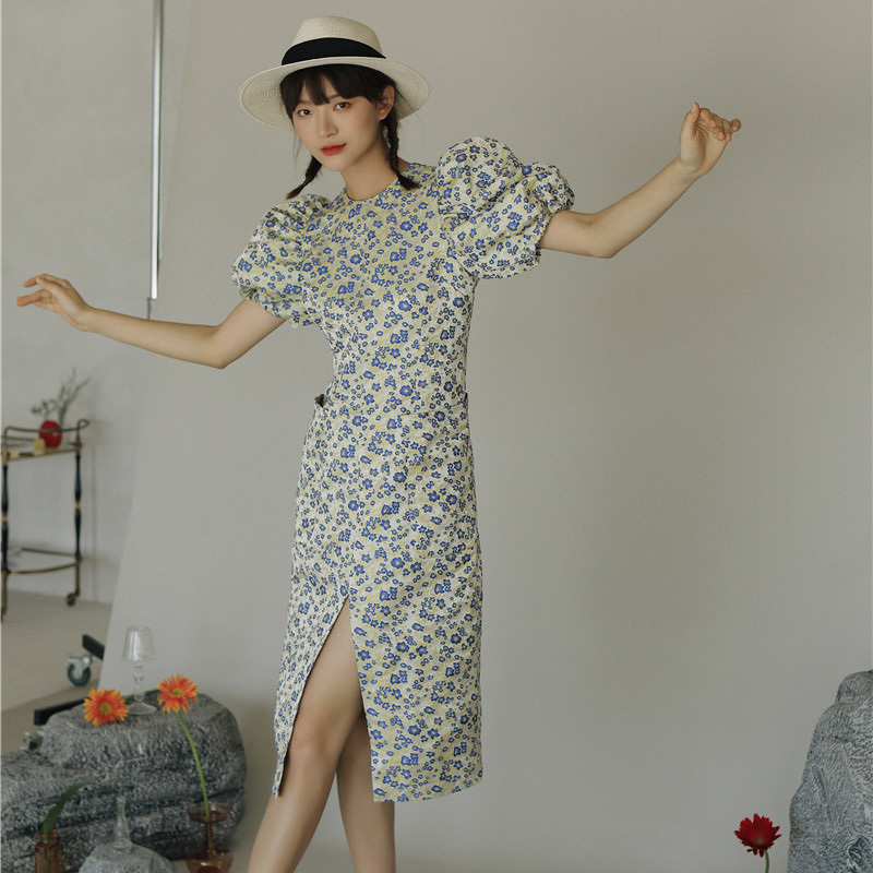 Women Printing Split Fork Dress Arrivals Round Neck Short Sleeve Loose Fit Fashion Summer 2E1640 210526