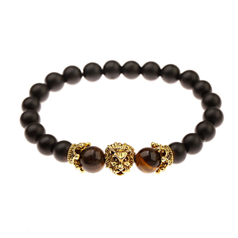 Blue Tiger Eye Beads Strands Bracelets Antique Gold Silver Plated Lion Head Charm Bracelet Jewelry