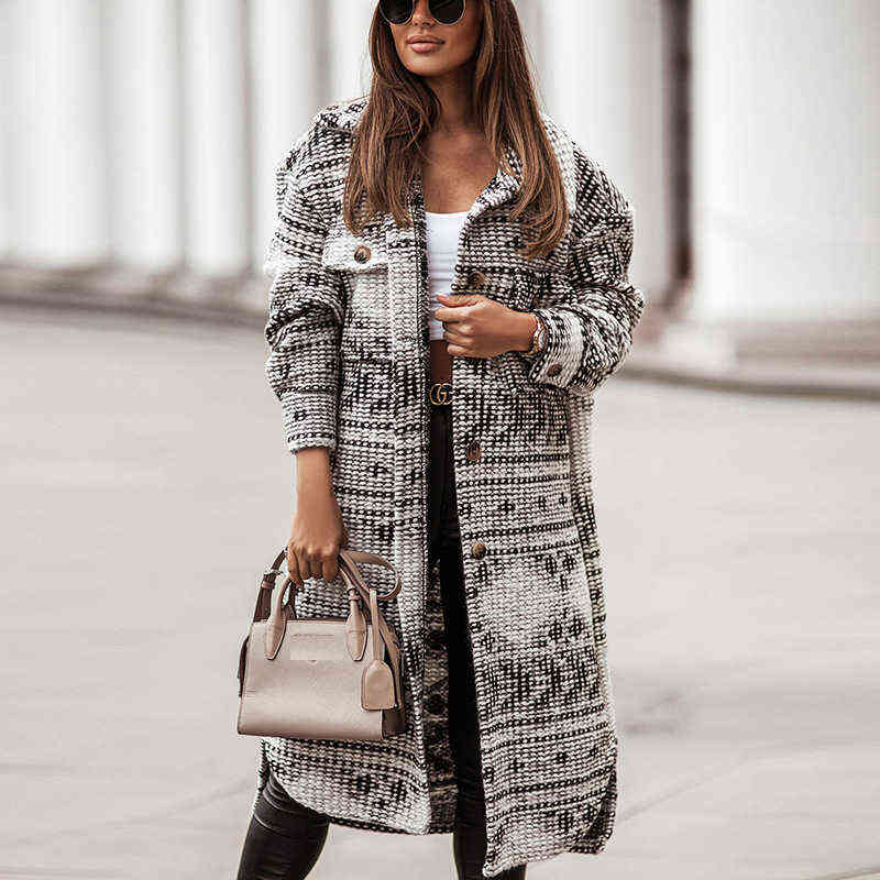 Women Elegant Pattern Print Long Overcoat Winter Casual Single Breasted Long Sleeve Cardigan Jacket Autumn Blend Wool Outerwear 211130