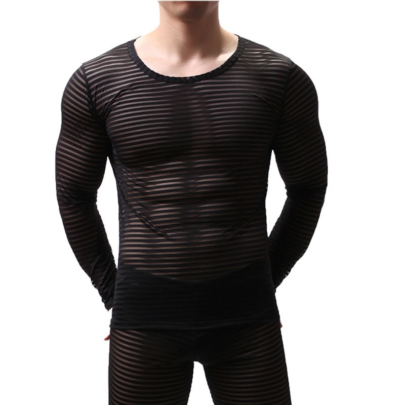 Sexy Mesh T Shirt Mens Transparent Long Sleeve See Through Striped Sleep Undershirts Muscle Perform Top Tees Nightwear 210629