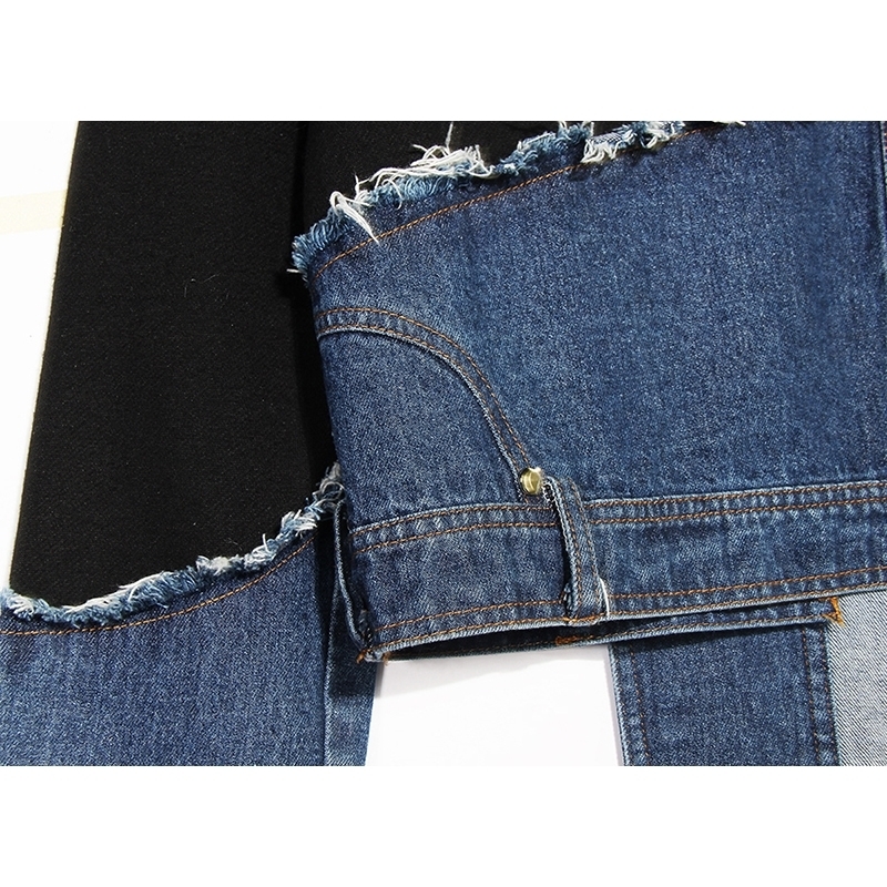 [EAM] Loose Fit Black Denim Burr Split Joint Sweatshirt New Round Neck Long Sleeve Women Big Size Fashion Tide Spring LJ201130