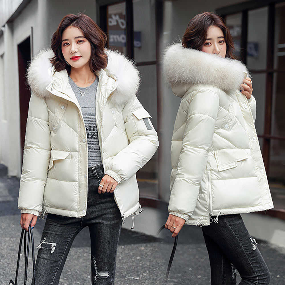Vielleicht Women Winter Hooded Thick Short Jacket Solid Casual Glossy Warm Cotton Padded Parkas Fur Collar Coat 211013