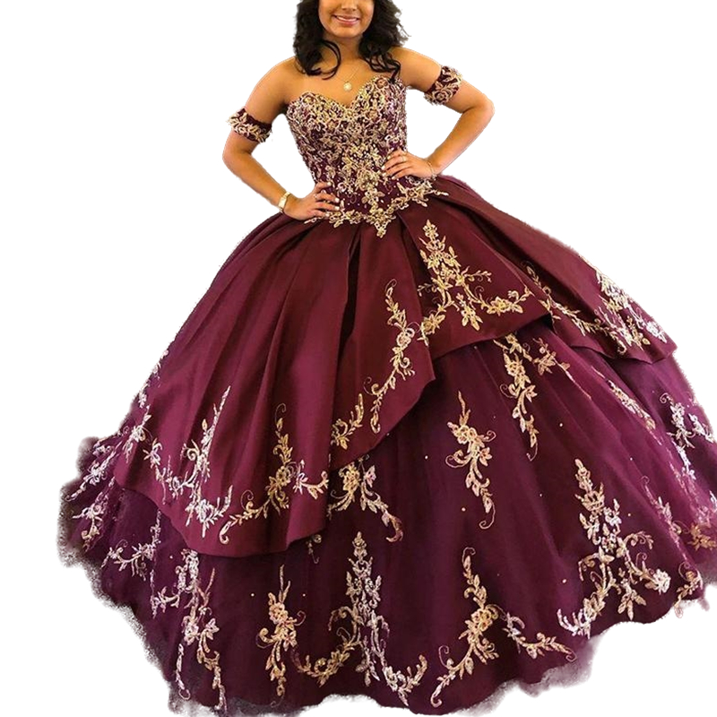 Burgundy Sweetheart Satin Quinceanera Dresses With Detachable Sleeves Gold Embroidery Beaded Tiered Skirt Ball Gown Sweet 15 Dress 16 Masquerade Prom 