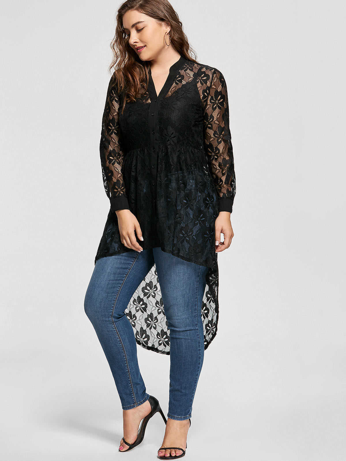 Wipalo Women Plus Size Blouse Autumn Peplum Long Sleeve High Low Lace Shirts Tunic Through Button Up Women Tops And Blouse 5XL T191231