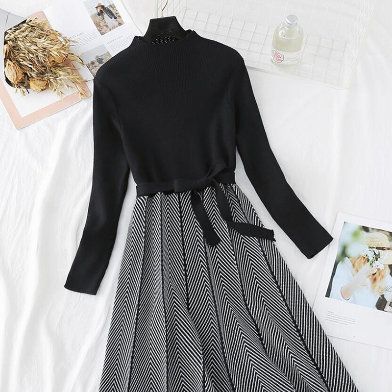 Autumn Winter Women Knitted Dress New Korean Long Sleeve Half turtleneck A Line Sweater Dress Elegant Ladies Bandage Dress 201008