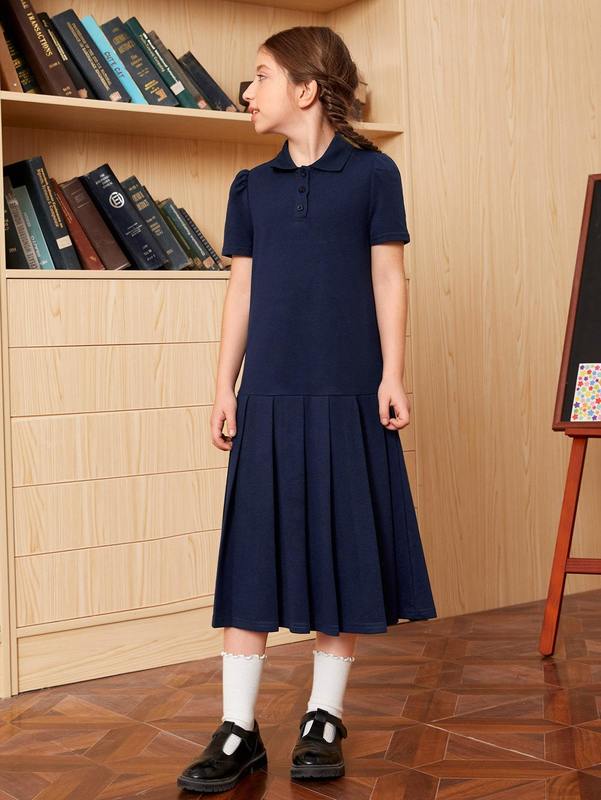 Girls Solid Pleated Hem Half Button Front Collared Dress SHE