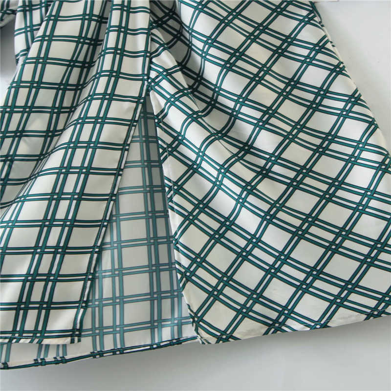 Za Woman Autumn Plaid Print Belt Dress Lapel Collar Long Sleeve Green Dress Elastic Waistband Women Elegant Long Dresses 210602