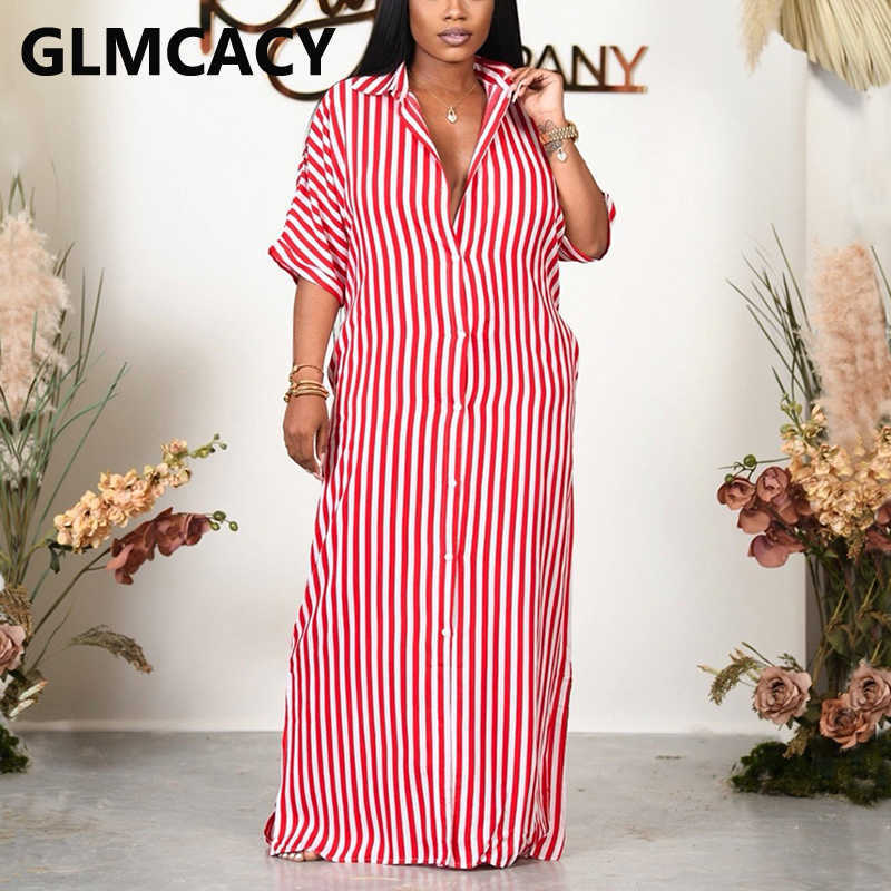 Short Sleeve Striped Button Down Maxi Dress Casual Loose Dress 210702