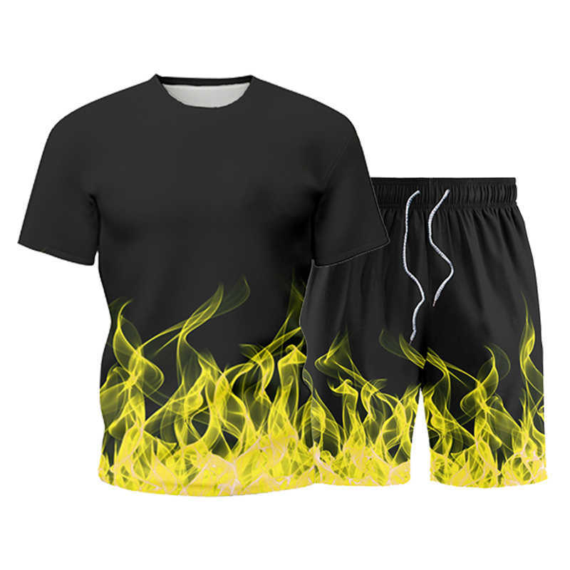 Summer Men's Sets Mens 2 Piece Outfit Sweat Suits Men Flame 3D Print T-Shirt+Shorts Male Sportswear Casual Fashion Tracksuit 210603