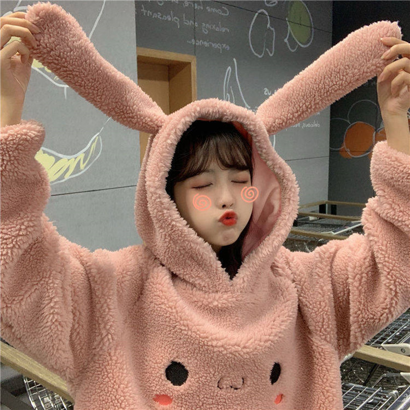 Bunny Hoody Women Cute Rabbit Ear Student Hoodie Long Sleeve Big Size Sweet warm coat Winter/Spring Fashion Streetwear Clothes 201102