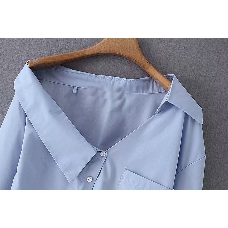 Est Women Stylish Solid Blue Irregular Skew Collar Blouse Long Sleeve Buttons Decorate Shirts Elegant Female Tops 210308