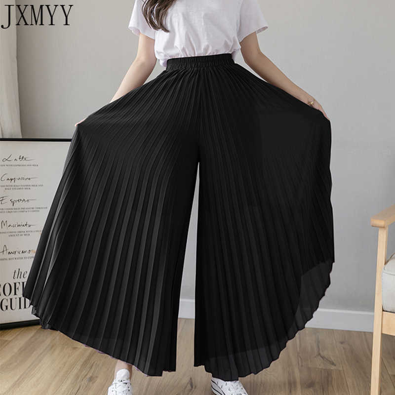 Fashion Streetwear Pleated Culotte Mujer Pants Blue Black Purple Chiffon Trousers Stretch High Waist Loose Wide Leg Women 211115