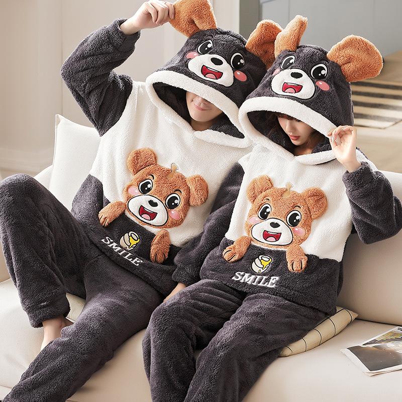 Men's Sleepwear Kawaii Couple Matching Winter Thicken Flannel Men Women Pajamas Set With Pants Korean Cute Bear Cozy Hooded Nightwear, Black;brown
Men's Sleepwear Kawaii Couple Matching Winter Thicken Flannel Men Women Pajamas Set With Pants Korean Cute Bear Cozy Hooded Nightwear, Black;brown