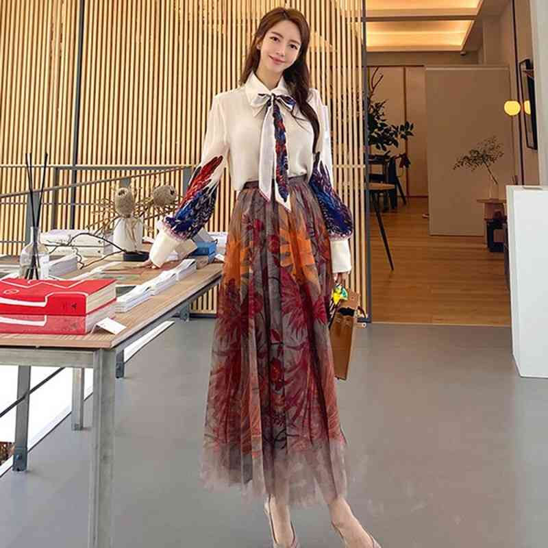 Summer Elegant Pink 2 Piece Set Women Sweet Bowknot Lantern sleeve Top Cotton Shirt + Mesh Floral Tulle Long Skirts Suits 210529