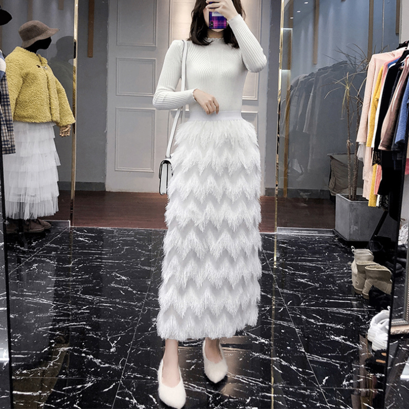 TIGENA Tassel Maxi Skirt Women Fashion Korean Casual Fringe High Waist Straight Long Skirt Female Ladies Black White 210306