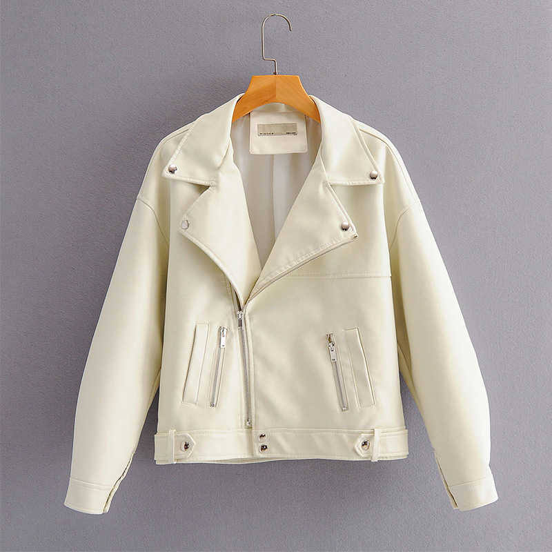 FTLZZ Autumn Women Faux Leather Jacket Casual BF Loose Soft Pu Motorcycle Punk Leather Coat Female Zipper Rivet Outerwear 210908