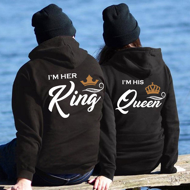 Her King His Queen Couple Hooded Print Sweatshirt Casual Letter Long Sleeve Winter Women Hoodies Cute Hoody 201217
