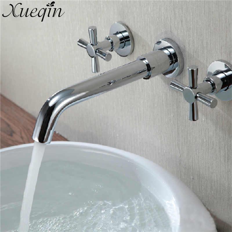 Solid Brass Double Handle 3 Hole Modern Bathtub Faucet Bathroom Waterfall Tap Wall Mounted Bathroom Mixer Tap Chrome Polished