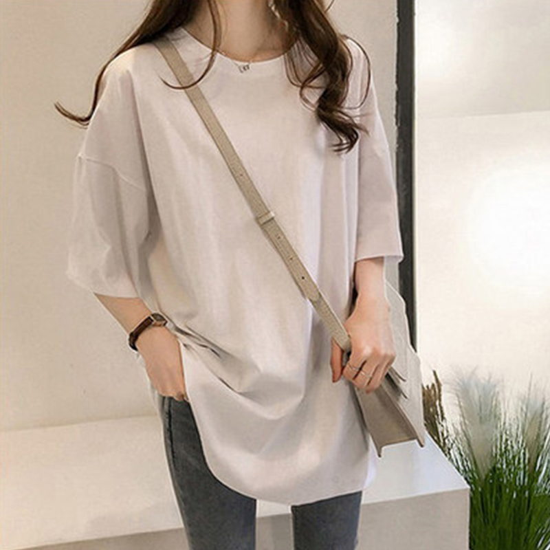 Pure color medium long T-shirt summer Short Sleeved Women Korean leisure large size loose-fitting college style women 210306