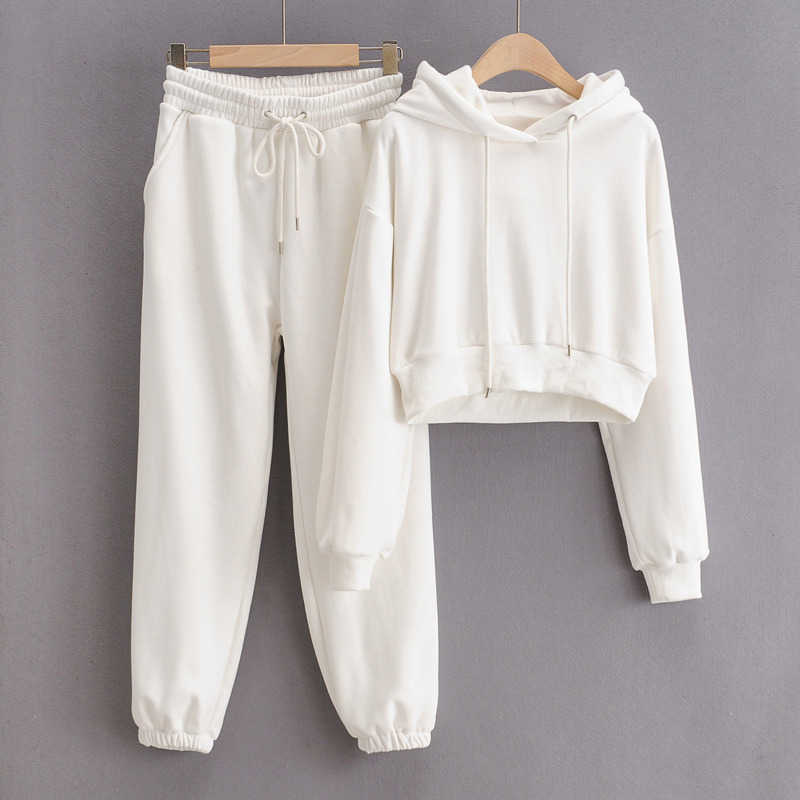 DEAT Spring Autumn Women Arrival Fashion Temperament Hooded Long Sleeve Plush Sweatshirt Pants Two Piece Set RD790 210709