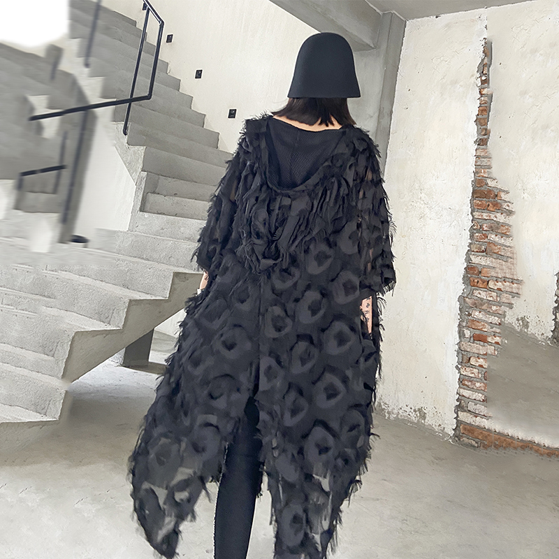 EAM Women Black Feather Split Big Size Dress VNeck Threequarter Sleeve Loose Fit Fashion Spring Summer 1T159 210309