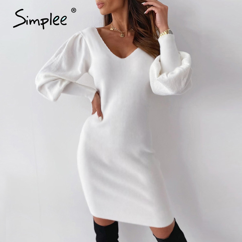 Sexy Vneck patchwork dress White lace edge Aline Lantern Sleeve Dress Autumn nightclub open back knee length 210309