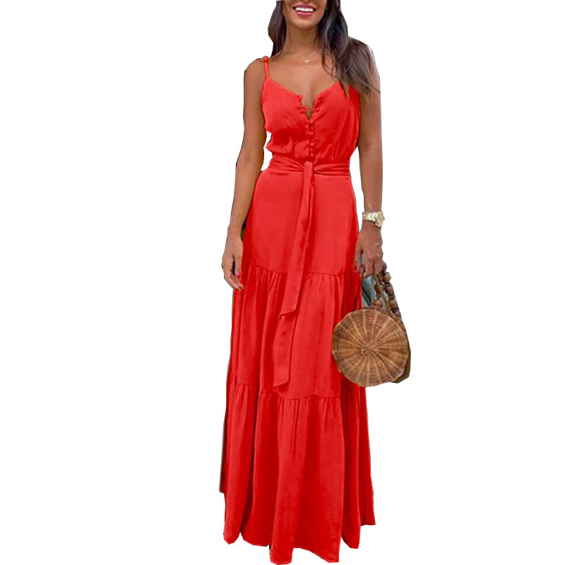 Women Dress V-neck Bandage Sleeveless Spaghetti Strap Dresses White Yellow Red Blue Long Summer Dressse Fashion 210524