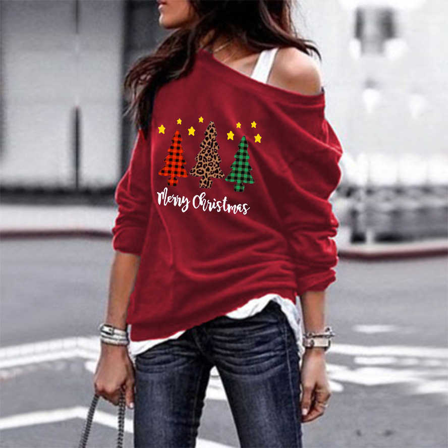 Merry Christmas Autumn T-shirt Women Tops Casual Xmas Tree Elk Print Skew Collar Long Sleeve Loose Tshirt Ladies Plus Size S-3XL 210526